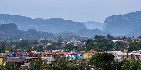 Vinales Town and Valley at dusk, elevated view, UNESCO World Heritage Site