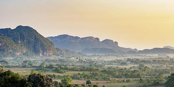 Vinales Valley at sunrise, elevated view, UNESCO World Heritage Site