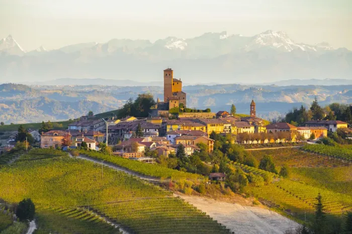 Framed Print : The vineyards of Serralunga d Alba and Alps in background during autumn sunrise Framed Print : The vineyards of Serralunga d Alba and Alps in background during autumn sunrise