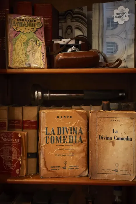 Framed Print : Detail of vintage books of the Divine Commedy'inside an old office of the Palacio Barolo, Monserrat, Buenos Aires, Argentina. (PR) Framed Print : Detail of vintage books of the Divine Commedy'inside an old office of the Palacio Barolo, Monserrat, Buenos Aires, Argentina. (PR)