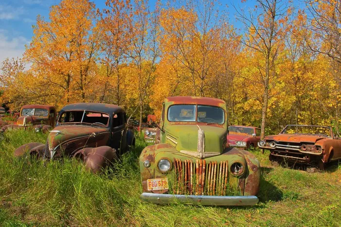 Framed Print : Vintage old vehicle in wrecking yard St. Lupicin, Manitoba, Canada
