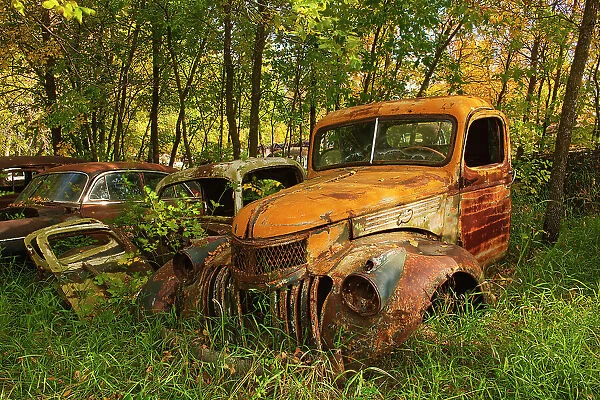 Vintage old vehicle in wrecking yard St. Lupicin, Manitoba, Canada