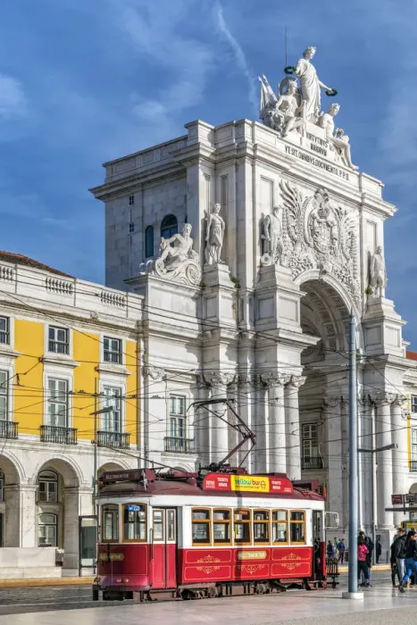 Framed Print : Vintage tourist tramway, Praca do Comercio or Commerce square, Lisbon, Portugal Framed Print : Vintage tourist tramway, Praca do Comercio or Commerce square, Lisbon, Portugal