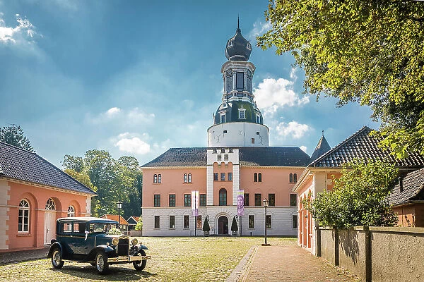 Vintage wedding car at castle square Jever, East Frisia, Lower Saxony, Germany