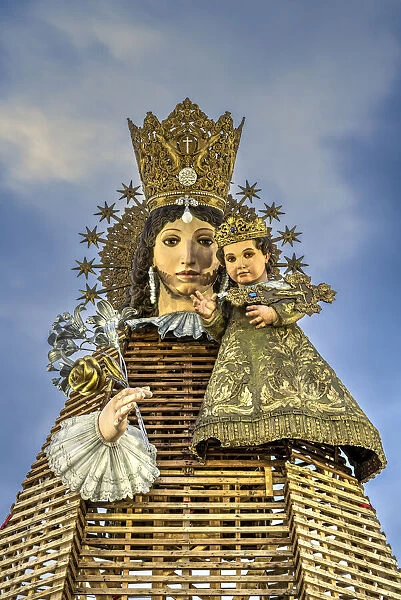 Virgen de los desamparados (Our Lady of the Forsaken) in preparation for the offering of the flowers ceremony during the Fallas festival in Valencia, Spain