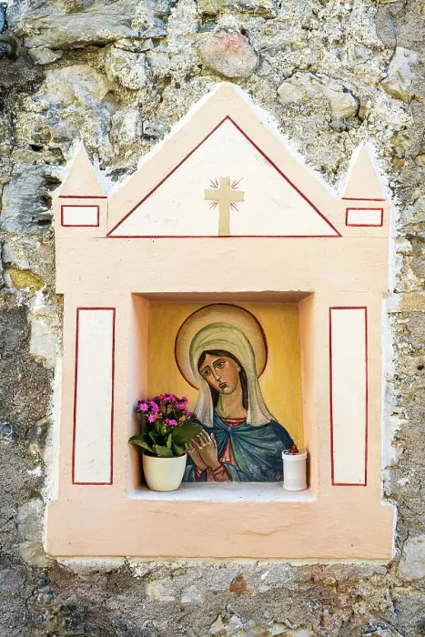 Framed Print : Virgin Mary's icon in a street of Limone sul Garda, Lake Garda, Lombardy, Italy