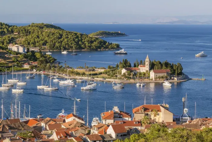 Framed Print : Vis town, Franciscan monastery & harbour, Vis Island, Dalmatian Coast, Croatia Framed Print : Vis town, Franciscan monastery & harbour, Vis Island, Dalmatian Coast, Croatia