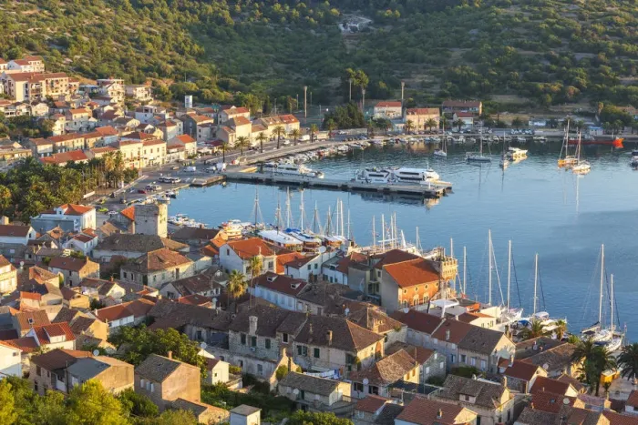 Framed Print : Vis town, Franciscan monastery & harbour, Vis Island, Dalmatian Coast, Croatia Framed Print : Vis town, Franciscan monastery & harbour, Vis Island, Dalmatian Coast, Croatia