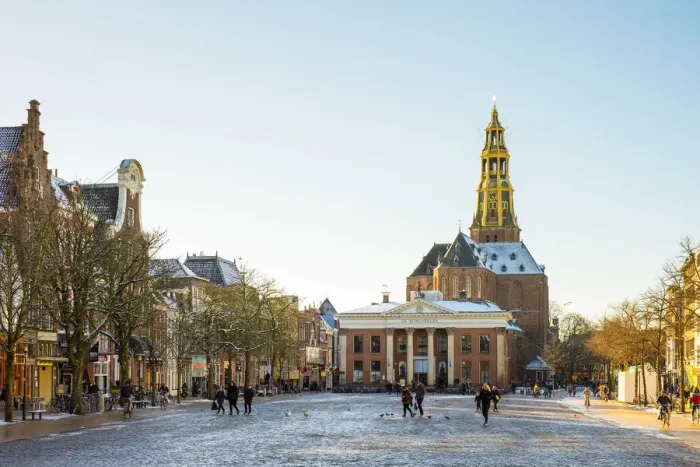 Framed Print : Vismarkt and the Aa-Kerk church on winter afternoon, Groningen, Netherlands
