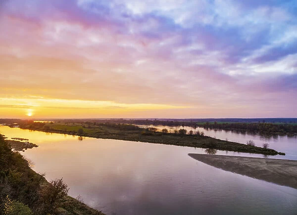 The Vistula River and Krowia Wyspa Nature Reserve at sunset, elevated view, Mecmierz
