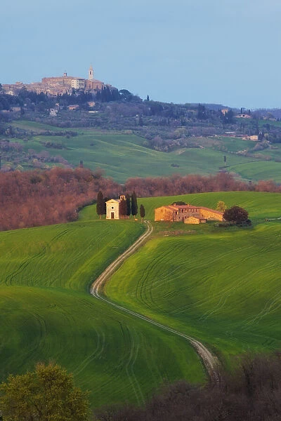 The Vitaleta Chapel with Pienza in the distance, Val D Orcia, Tuscany