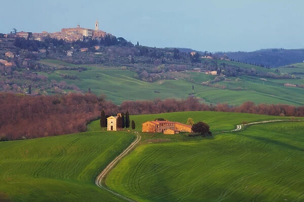 The Vitaleta Chapel with Pienza in the distance, Val D Orcia, Tuscany. Italy