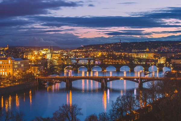 Vltava River with the bridges, Charles Bridge and the Old Town Bridge Tower, Prague