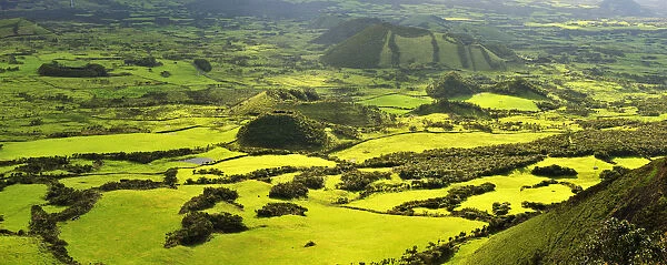Volcanic landscape with pastures between craters. Pico, Azores islands, Portugal
