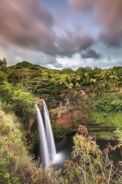Wailua waterfalls at sunset seen from the lookout, Hawaii, USA