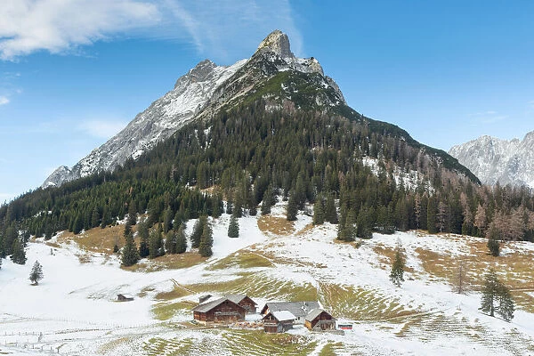Walder Alm on a winter day with the iconic Hundskopf mountain in the background