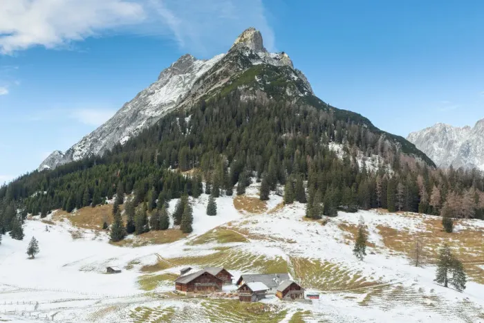 Framed Print : Walder Alm on a winter day with the iconic Hundskopf mountain in the background