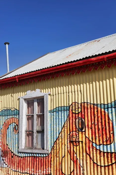 Framed Print : Wall art paintings over the exterior facade of the Alma Patagonica'restaurant in the town of Camarones, Chubut, Patagonia, Argentina