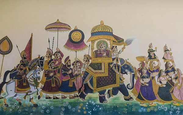 Wall mural, Fateh Prakash hotel, City Palace, Udaipur, Rajasthan, India