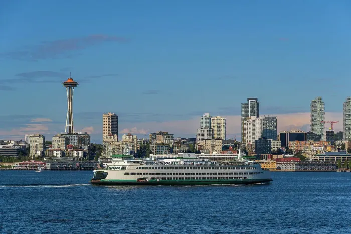 Framed Print : Washington State Ferry with downtown skyline and Space Needle behind, Seattle, Washington, USA Framed Print : Washington State Ferry with downtown skyline and Space Needle behind, Seattle, Washington, USA