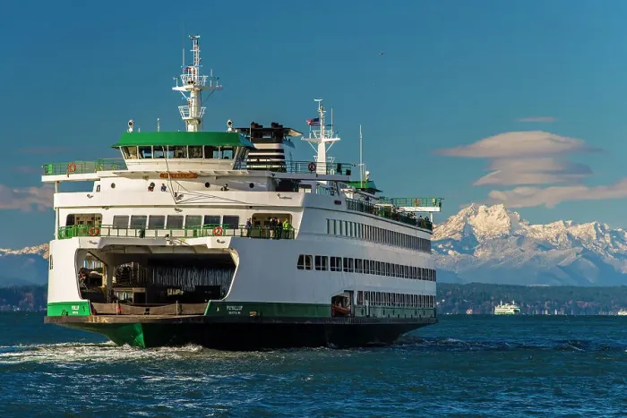 Framed Print : Washington State Ferry with snowy mountains of Olympic Peninsula in the background Framed Print : Washington State Ferry with snowy mountains of Olympic Peninsula in the background