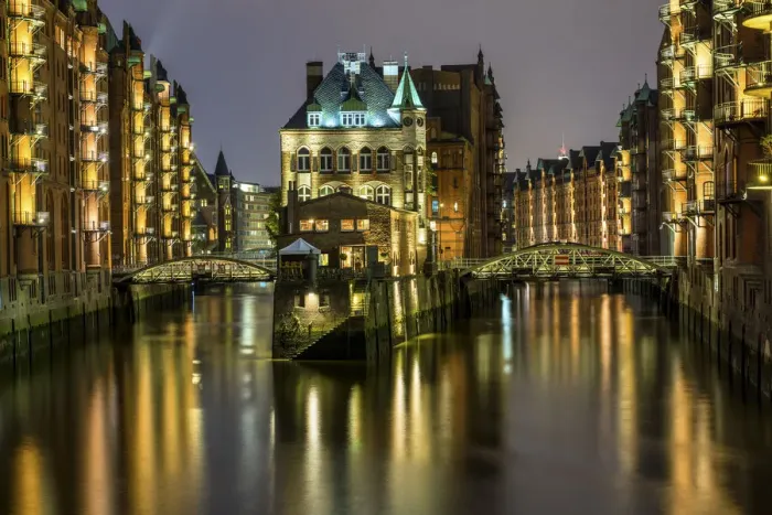 Framed Print : Wasserschloss at Night, Speicherstadt, Hamburg, Germany Framed Print : Wasserschloss at Night, Speicherstadt, Hamburg, Germany