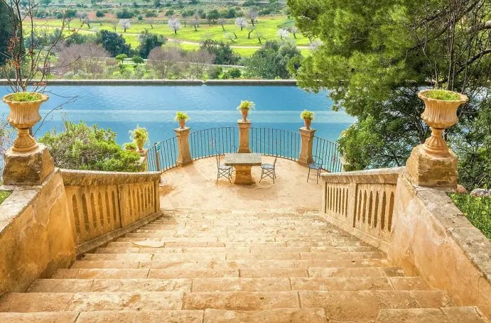 Framed Print : Water basin with resting area in the gardens of the Raixa estate, Bunyola, Mallorca, Balearic Islands, Spain Framed Print : Water basin with resting area in the gardens of the Raixa estate, Bunyola, Mallorca, Balearic Islands, Spain