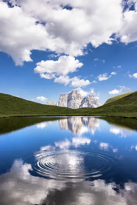 Framed Print : Water circles at Lago delle Baste with Monte Pelmo in the background. Altipiano of Mondeval, Giau pass, Cadore, Belluno province, Veneto, Italy Framed Print : Water circles at Lago delle Baste with Monte Pelmo in the background. Altipiano of Mondeval, Giau pass, Cadore, Belluno province, Veneto, Italy
