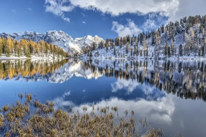 Framed Print : The still water of Lake Malghette reflecting the Brenta Dolomites peaks in autumn Framed Print : The still water of Lake Malghette reflecting the Brenta Dolomites peaks in autumn