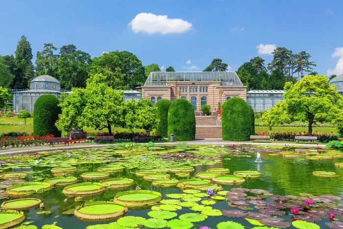 Framed Print : Water Lily pond with Moorish Villa, zoological and botanical gardens, Wilhelma, Stuttgart, Baden-Wurttemberg; Germany Framed Print : Water Lily pond with Moorish Villa, zoological and botanical gardens, Wilhelma, Stuttgart, Baden-Wurttemberg; Germany