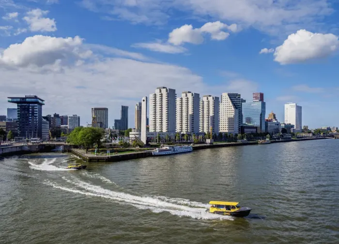 Framed Print : Water Taxi on New Meuse River, Rotterdam, South Holland, The Netherlands