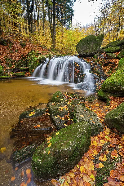 Waterfall on Bily Stolpich river near Ferdinandov, Ancient and Primeval Beech Forests of the Carpathians and Other Regions of Europe, UNESCO, Hejnice, Liberec District, Liberec Region, Czech Republic