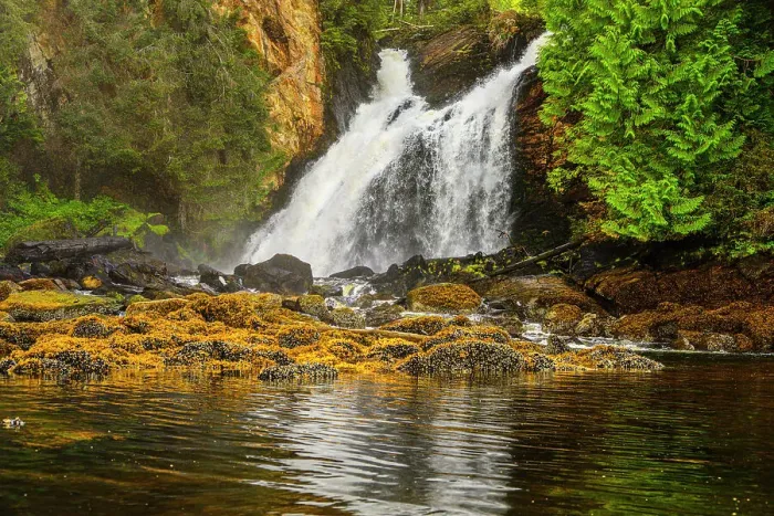 Framed Print : Waterfall flowing into Shrimp Bay, Shrimp Bay, Alaska, USA Framed Print : Waterfall flowing into Shrimp Bay, Shrimp Bay, Alaska, USA