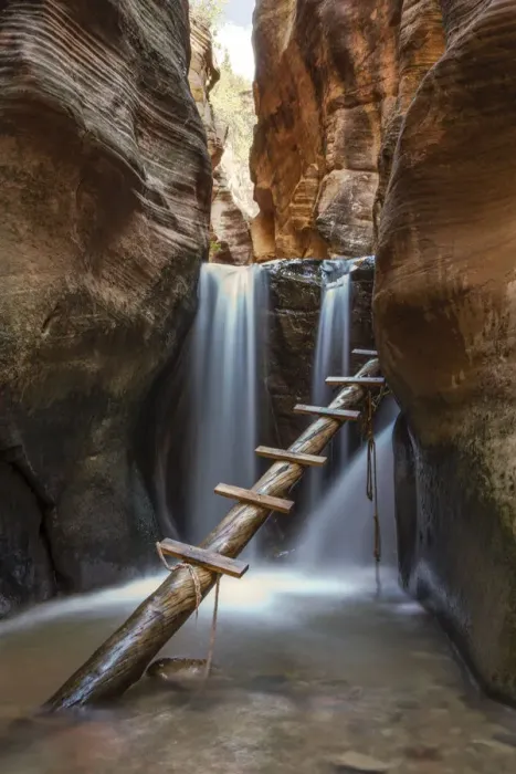 Framed Print : Waterfall and ladder in Kanarra Creek Canyon. Kanarraville, Iron County, Utah, USA Framed Print : Waterfall and ladder in Kanarra Creek Canyon. Kanarraville, Iron County, Utah, USA
