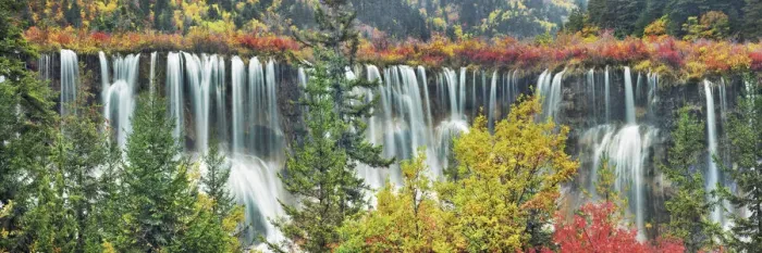 Framed Print : Waterfall Nuorilang and forest in autumn - China, Sichuan, Jiuzhaigou Framed Print : Waterfall Nuorilang and forest in autumn - China, Sichuan, Jiuzhaigou