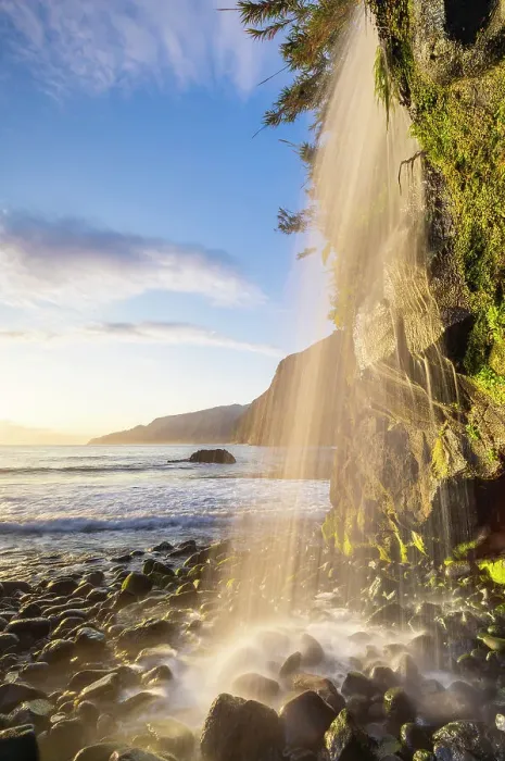 Framed Print : A waterfall in Seixal black sand beach during sunrise, Seixal, Porto Moniz, Madeira, Portugal Framed Print : A waterfall in Seixal black sand beach during sunrise, Seixal, Porto Moniz, Madeira, Portugal