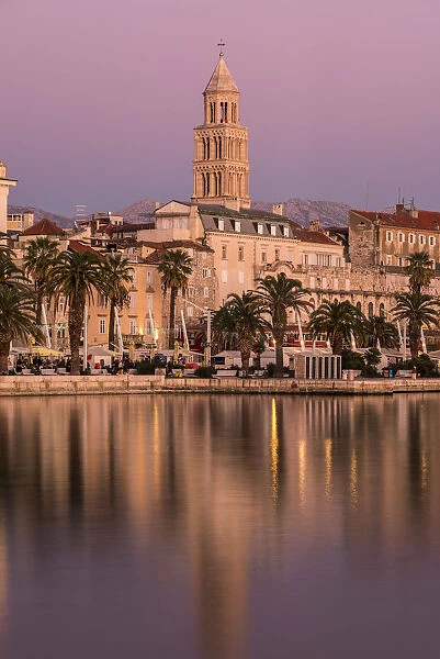 Waterfront with Cathedral of St. Domnius in the background at sunset, Split, Dalmatia