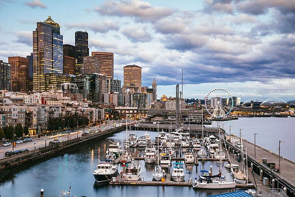 Waterfront and downtown district at sunset, Pier 66, Seattle, Washington, USA