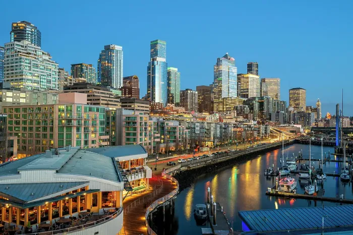 Framed Print : Waterfront and downtown's skyline at dusk, Seattle, Washington, USA Framed Print : Waterfront and downtown's skyline at dusk, Seattle, Washington, USA