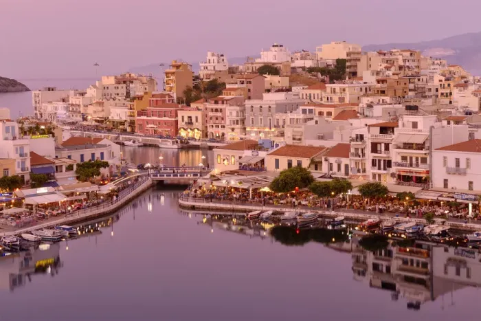 Framed Print : Waterfront at sunset in Agios Nikolaos, Crete, Greece, Europe Framed Print : Waterfront at sunset in Agios Nikolaos, Crete, Greece, Europe