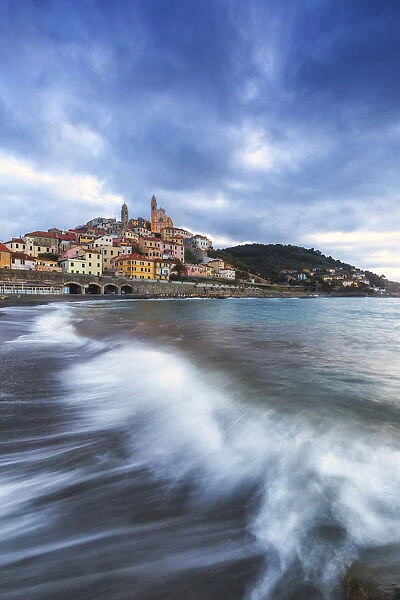 Wave crached on the beach of Cervo. Cervo, Imperia province, Liguria, Italy