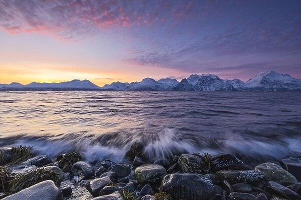 The waves breaking on the stones beach during sunset. Nordmannvik, Kafjord, Lyngen Alps