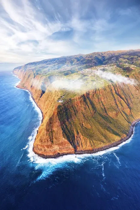 Framed Print : Waves crashing on the majestic Ponta do Pargo cliffs at sunset, aerial view, Calheta Framed Print : Waves crashing on the majestic Ponta do Pargo cliffs at sunset, aerial view, Calheta