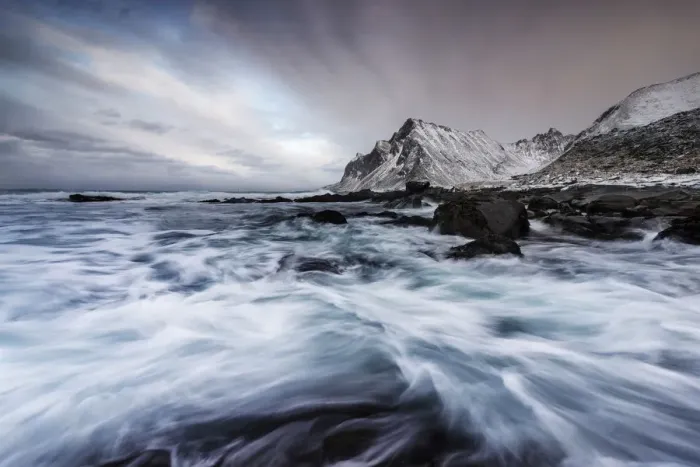Framed Print : Waves crushing along the coast at Vikten, Lofoten islands, Norway Framed Print : Waves crushing along the coast at Vikten, Lofoten islands, Norway