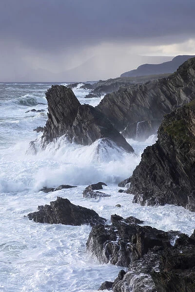 Waves hit the cliffs in Western Achill Island, Achill Island, County Mayo