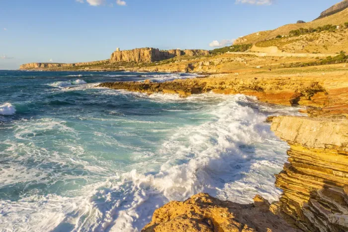 Framed Print : Waves on the rocks of Macari gulf, Trapani province, Sicily, Italy Framed Print : Waves on the rocks of Macari gulf, Trapani province, Sicily, Italy