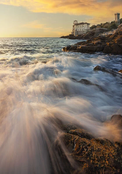 Waves during sunset at Castello del Boccale, Livorno, Tuscany, Italy