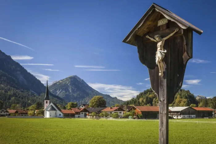 Framed Print : Wayside cross in Graswang near Ettal, Upper Bavaria, Allgaeu, Bavaria, Germany