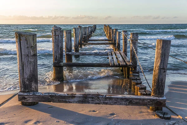 Weathered wooden jetty on the beach in Zingst, Mecklenburg-Western Pomerania