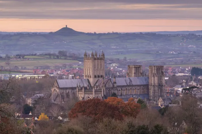 Framed Print : Wells Cathedral and Glastonbury Tor at dawn, Somerset, England. Winter (December) 2019